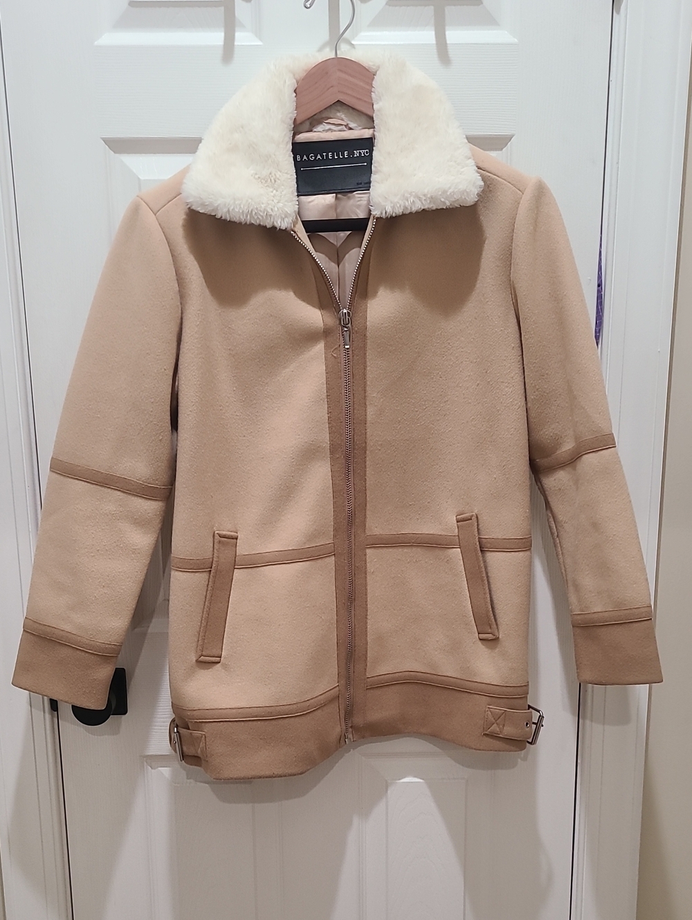 Bagatelle Tan Coat with Cream Faux-Shearling Collar